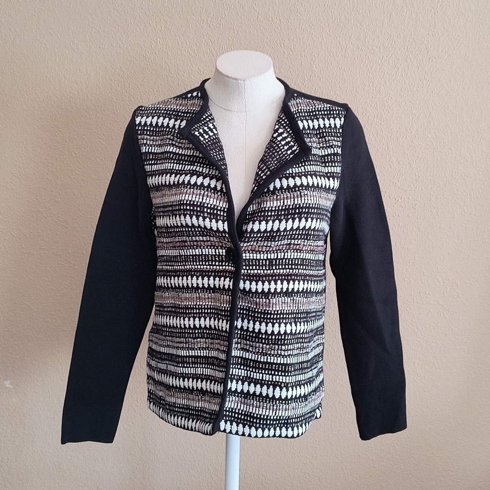 Chico's Black, White and Tan Weave One Button Closure Cardigan Sweater. …